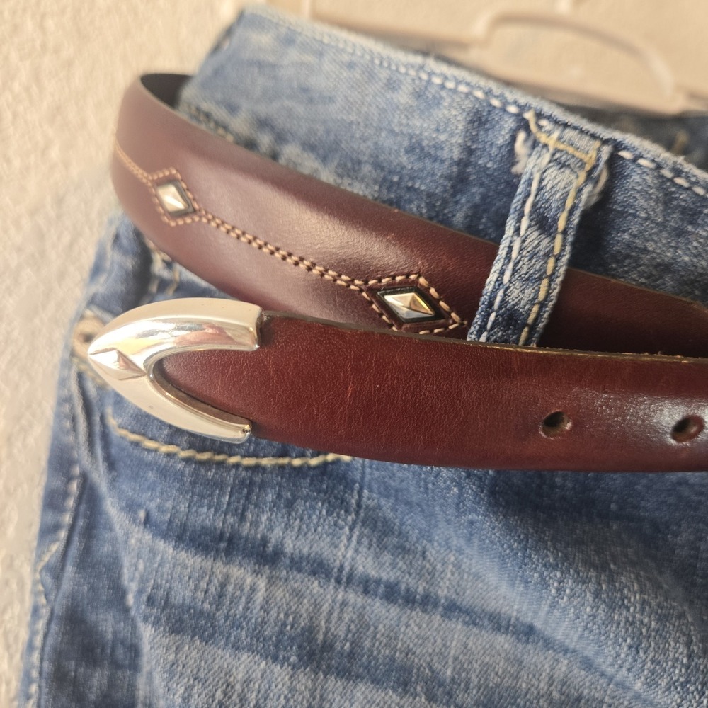 Brighton Leather Belt Sz 36 Brown Western Concho‎ Silver Buckle Boho Rodeo Flaw - Picture 3 of 16